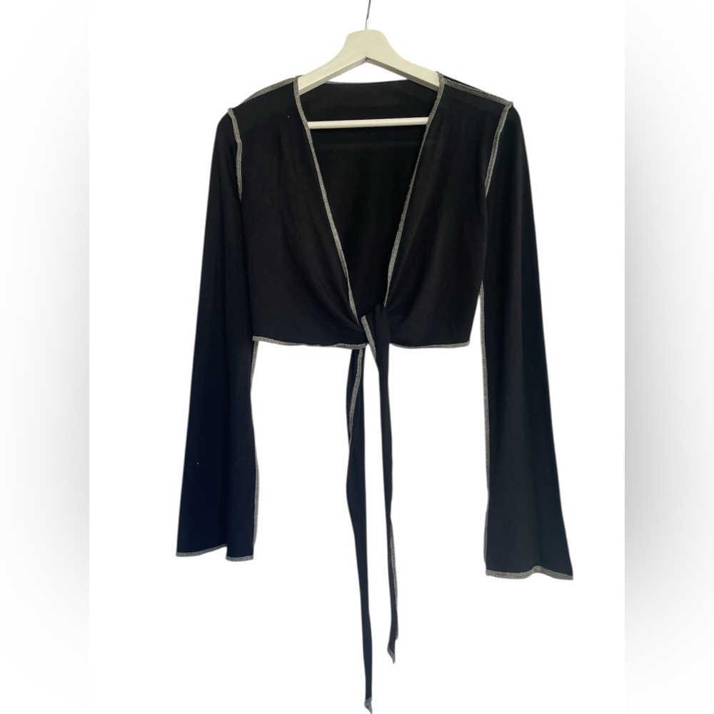 Vintage Black Tie-Front Bolero Cyber Y2K Grunge Contrast Stitch Flare Top Size S